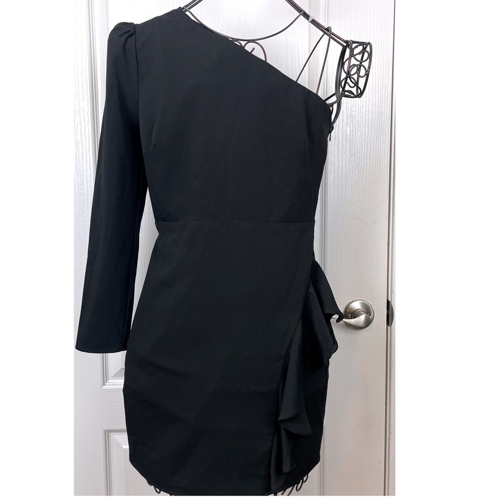 Revolve Lovers + Friends Black One Shoulder Ruffle Mini Dress Small LBD Glam EUC